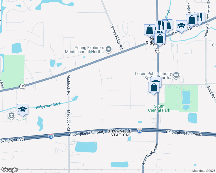 map of restaurants, bars, coffee shops, grocery stores, and more near 36510 Aurensen Road in North Ridgeville