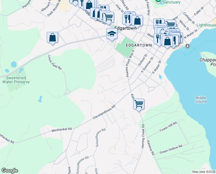 map of restaurants, bars, coffee shops, grocery stores, and more near 31 North Street in Edgartown