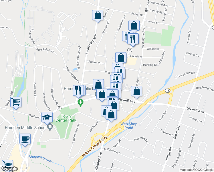 map of restaurants, bars, coffee shops, grocery stores, and more near 117 School Street in Hamden