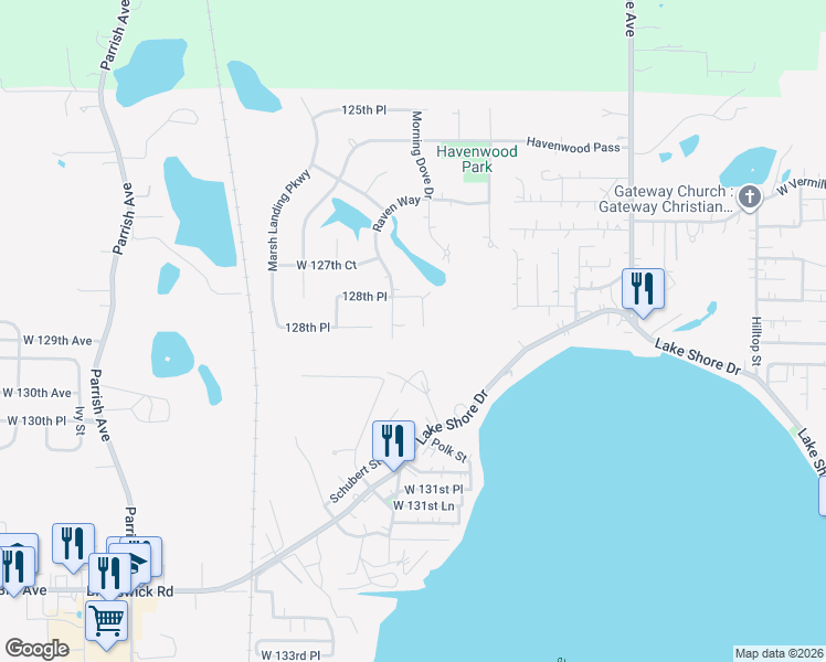 map of restaurants, bars, coffee shops, grocery stores, and more near 12812 Fawn Court in Cedar Lake