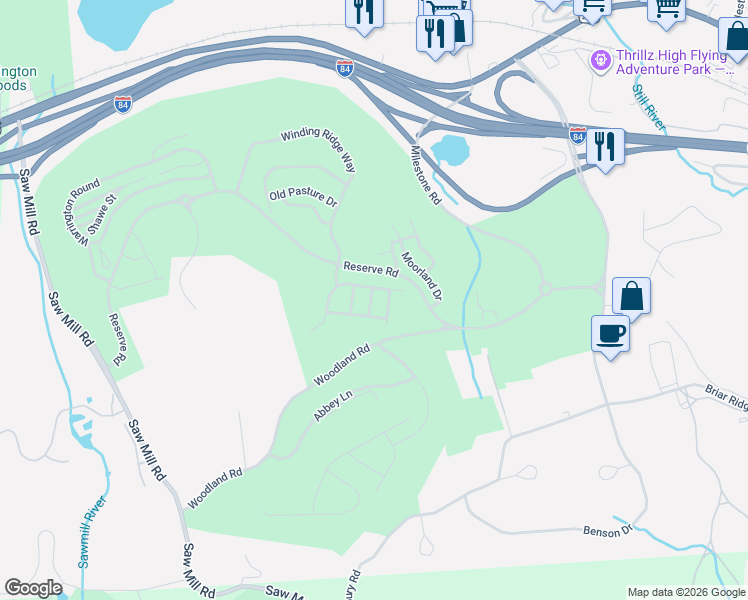 map of restaurants, bars, coffee shops, grocery stores, and more near 11 East Cross Trail in Danbury