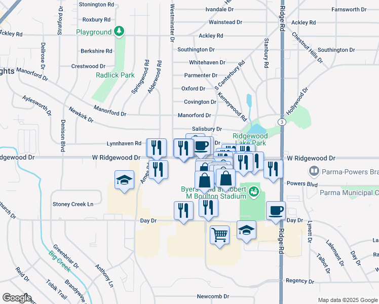 map of restaurants, bars, coffee shops, grocery stores, and more near 8260 W Ridgewood Dr in Parma