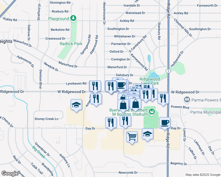 map of restaurants, bars, coffee shops, grocery stores, and more near 8260 West Ridgewood Drive in Parma