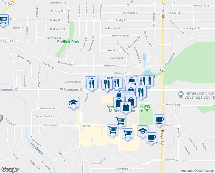 map of restaurants, bars, coffee shops, grocery stores, and more near 8330 West Ridgewood Drive in Cleveland