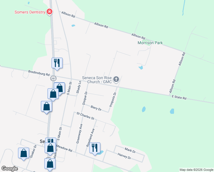 map of restaurants, bars, coffee shops, grocery stores, and more near 191 East State Road in Seneca