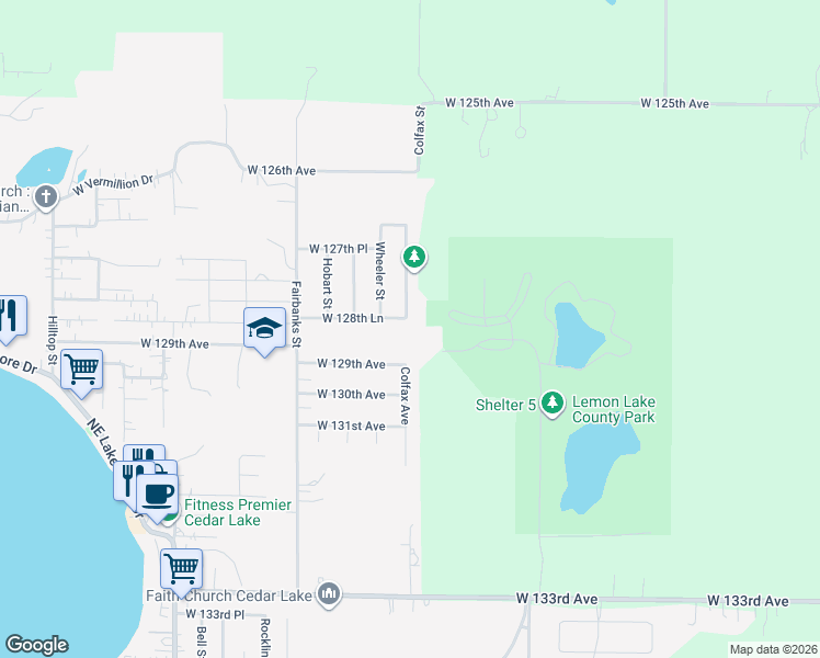map of restaurants, bars, coffee shops, grocery stores, and more near 6407 West 128th Lane in Cedar Lake