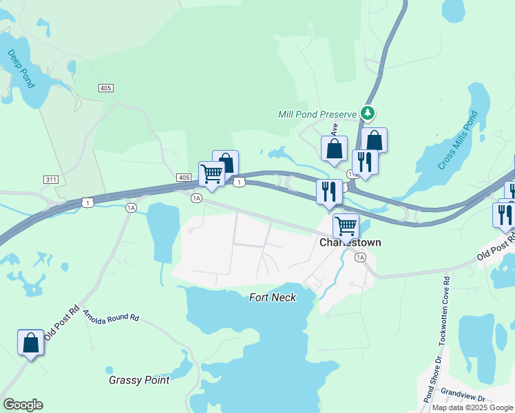 map of restaurants, bars, coffee shops, grocery stores, and more near 4575 Old Post Road in Charlestown