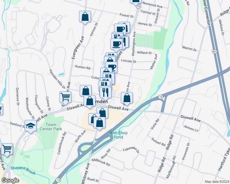 map of restaurants, bars, coffee shops, grocery stores, and more near 41 School Street in Hamden