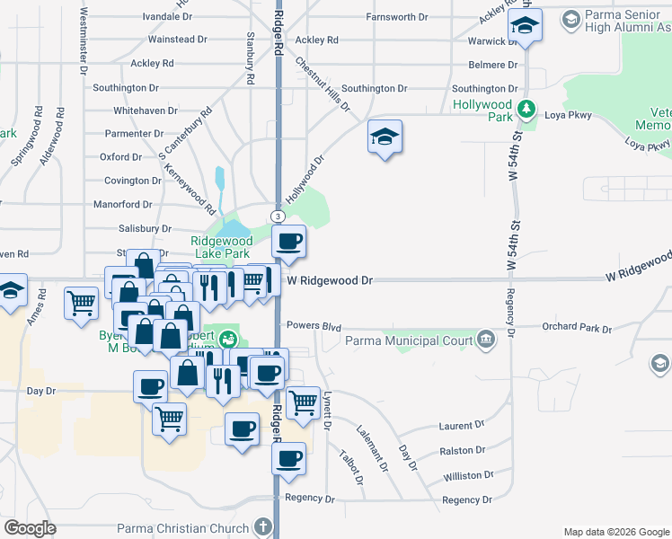 map of restaurants, bars, coffee shops, grocery stores, and more near 6822 West Ridgewood Drive in Parma