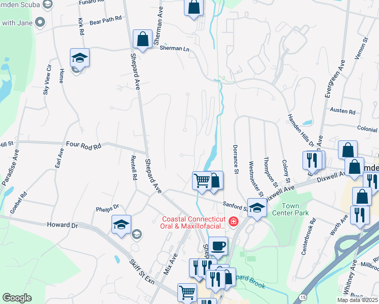 map of restaurants, bars, coffee shops, grocery stores, and more near 9 Bromley Court in Hamden
