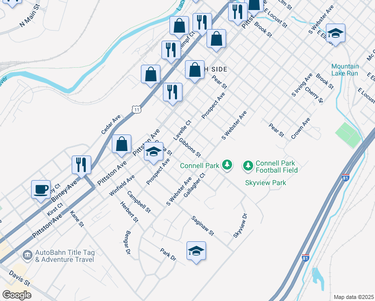 map of restaurants, bars, coffee shops, grocery stores, and more near 623 Gibbons Street in Scranton