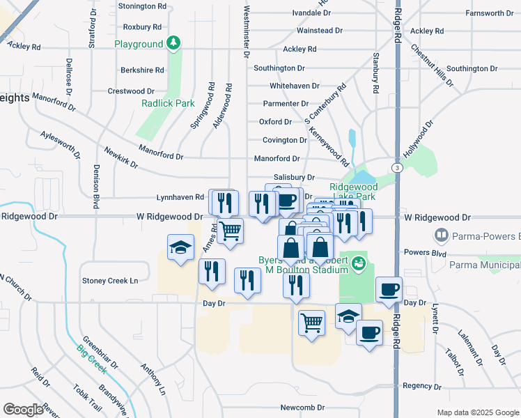 map of restaurants, bars, coffee shops, grocery stores, and more near 8260 West Ridgewood Drive in Parma