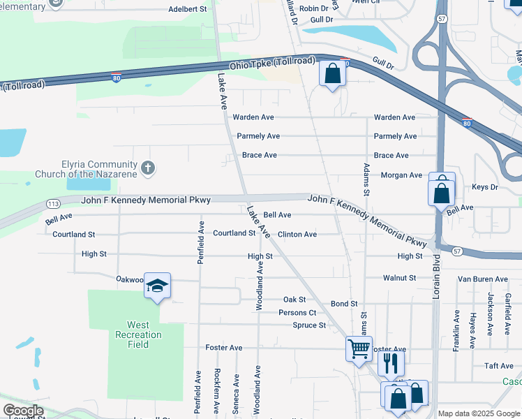 map of restaurants, bars, coffee shops, grocery stores, and more near 106 Bell Avenue in Elyria