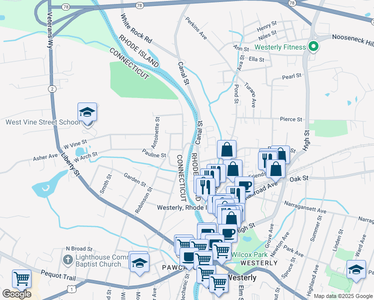 map of restaurants, bars, coffee shops, grocery stores, and more near 75 Stillman Avenue in Stonington