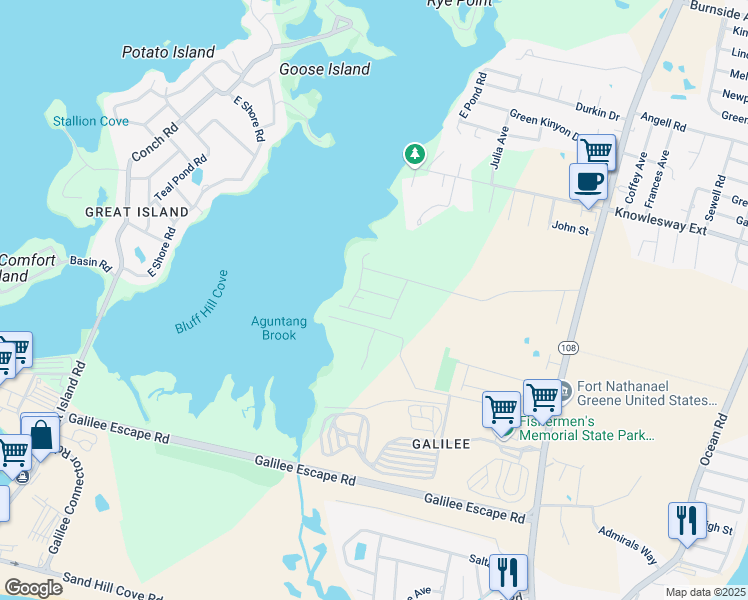 map of restaurants, bars, coffee shops, grocery stores, and more near 44 Sunset Shore Drive in Narragansett