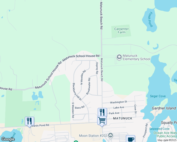 map of restaurants, bars, coffee shops, grocery stores, and more near 159 North Weeden Road in South Kingstown