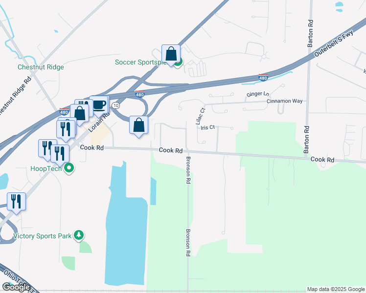 map of restaurants, bars, coffee shops, grocery stores, and more near 27380 Cook Road in Olmsted Falls