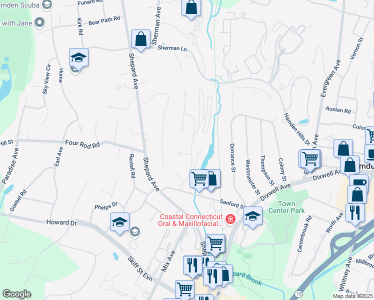 map of restaurants, bars, coffee shops, grocery stores, and more near 9 Bromley Court in Hamden