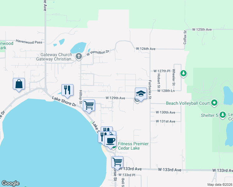 map of restaurants, bars, coffee shops, grocery stores, and more near 7125 West 128th Lane in Cedar Lake