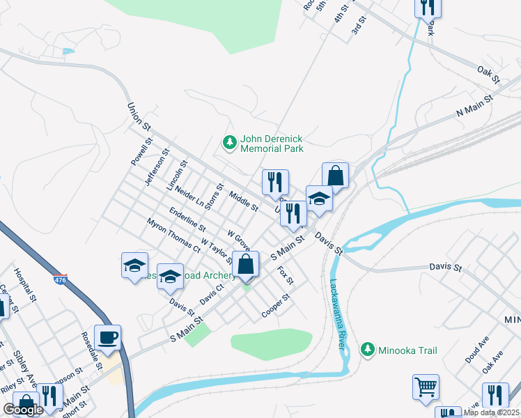 map of restaurants, bars, coffee shops, grocery stores, and more near 101 South Ridge Street in Taylor
