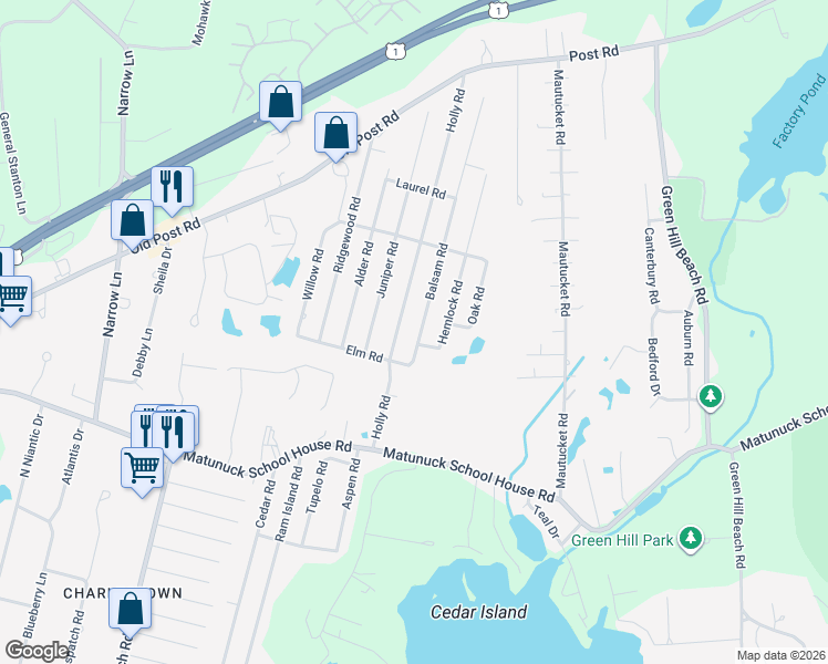 map of restaurants, bars, coffee shops, grocery stores, and more near 38 Balsam Road in South Kingstown