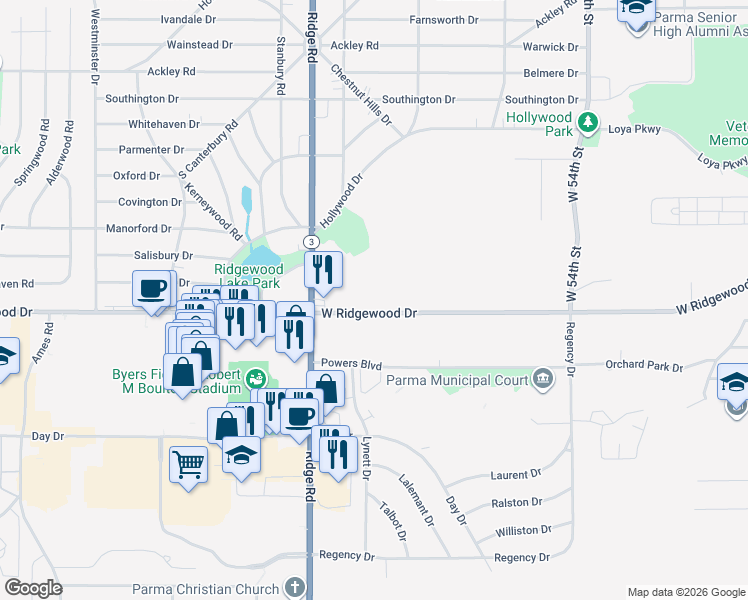 map of restaurants, bars, coffee shops, grocery stores, and more near 6822 West Ridgewood Drive in Parma
