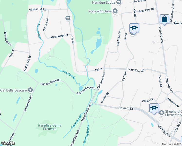 map of restaurants, bars, coffee shops, grocery stores, and more near 62 Hill Street in Hamden