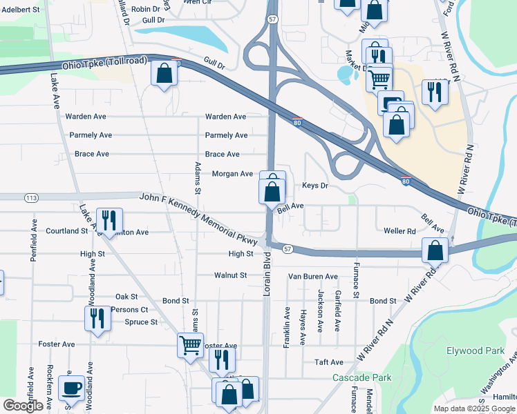 map of restaurants, bars, coffee shops, grocery stores, and more near 450 Bell Ave in Elyria