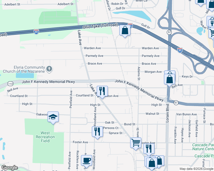 map of restaurants, bars, coffee shops, grocery stores, and more near 136 Bell Avenue in Elyria
