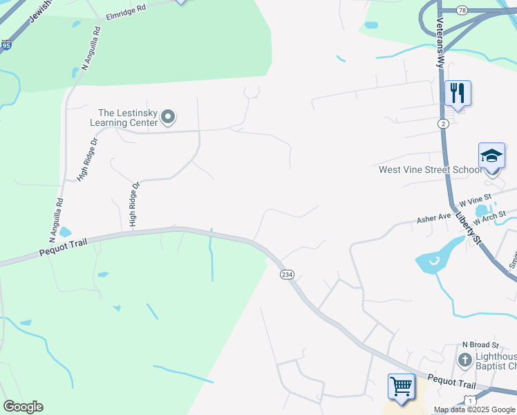 map of restaurants, bars, coffee shops, grocery stores, and more near 21 Pequot Court in Stonington