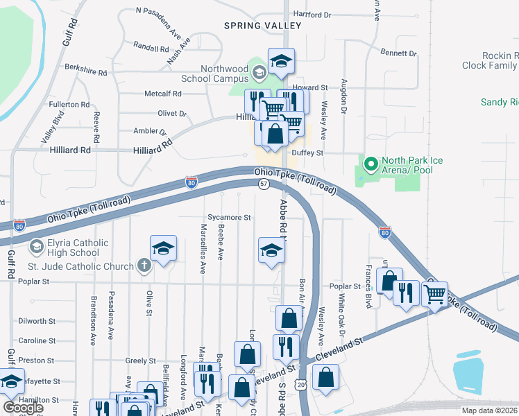 map of restaurants, bars, coffee shops, grocery stores, and more near 411 Longfellow Street in Elyria