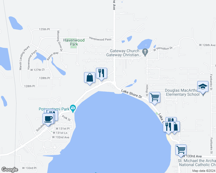 map of restaurants, bars, coffee shops, grocery stores, and more near 8037 Lakeshore Drive in Cedar Lake