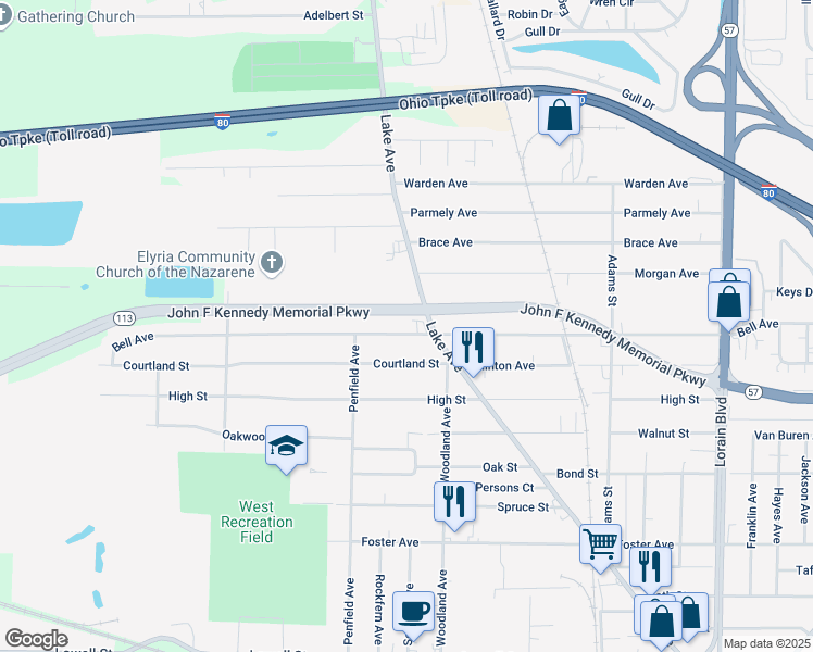 map of restaurants, bars, coffee shops, grocery stores, and more near 1018 Bell Court in Elyria