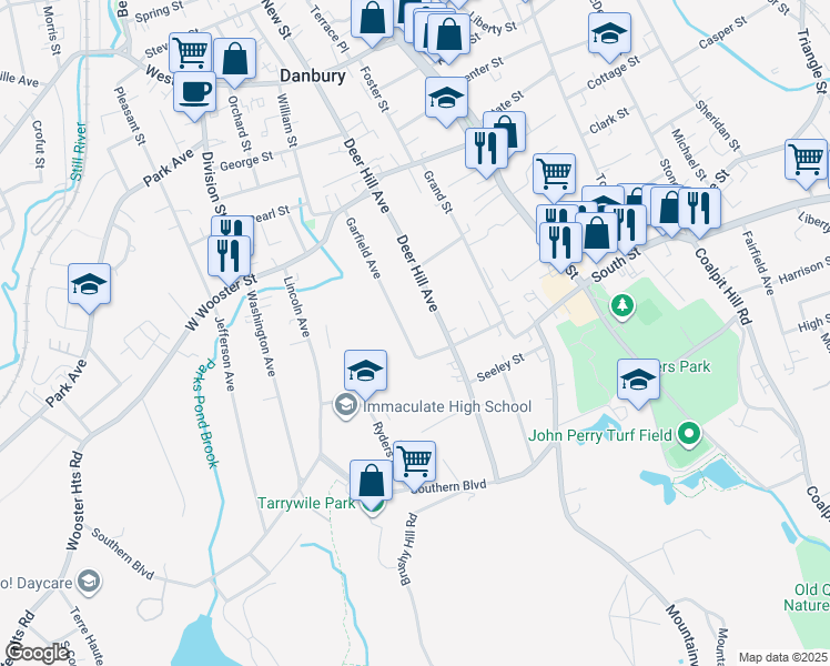 map of restaurants, bars, coffee shops, grocery stores, and more near 57 Garfield Avenue in Danbury