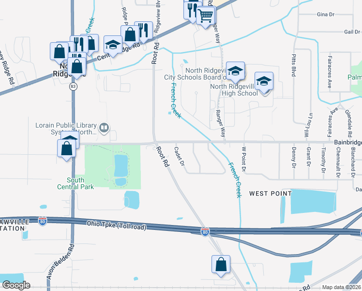 map of restaurants, bars, coffee shops, grocery stores, and more near 35177 Bainbridge Road in North Ridgeville