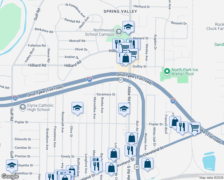 map of restaurants, bars, coffee shops, grocery stores, and more near 411 Hawthorne St in Elyria