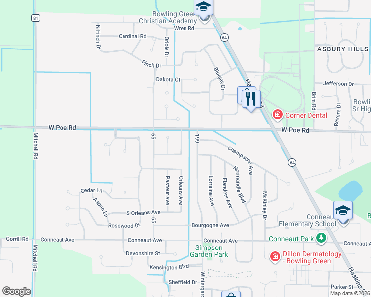 map of restaurants, bars, coffee shops, grocery stores, and more near 808 Savoie Avenue in Bowling Green