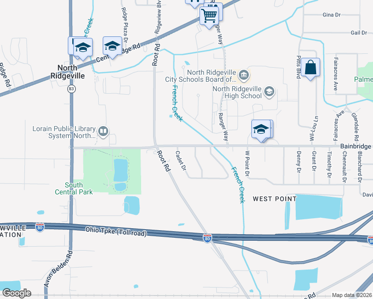 map of restaurants, bars, coffee shops, grocery stores, and more near 35177 Bainbridge Road in North Ridgeville