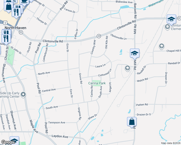 map of restaurants, bars, coffee shops, grocery stores, and more near 59 Country Way in North Haven