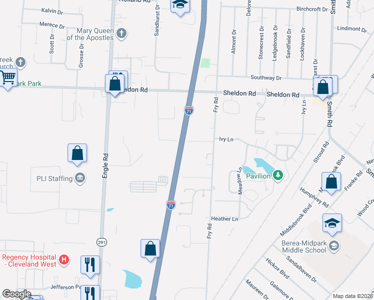 map of restaurants, bars, coffee shops, grocery stores, and more near 16825 Benedict Drive in Middleburg Heights