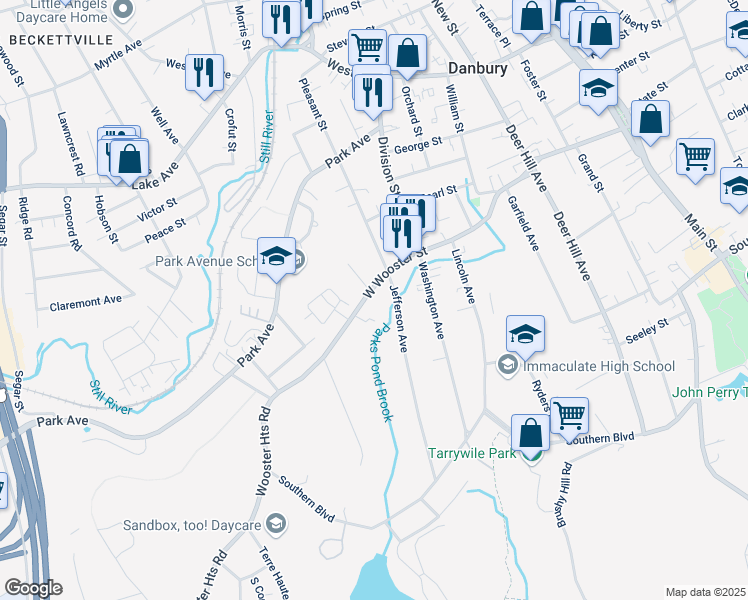 map of restaurants, bars, coffee shops, grocery stores, and more near 80 W Wooster St in Danbury