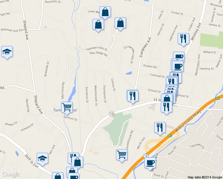 map of restaurants, bars, coffee shops, grocery stores, and more near 80 Colony Street in Hamden