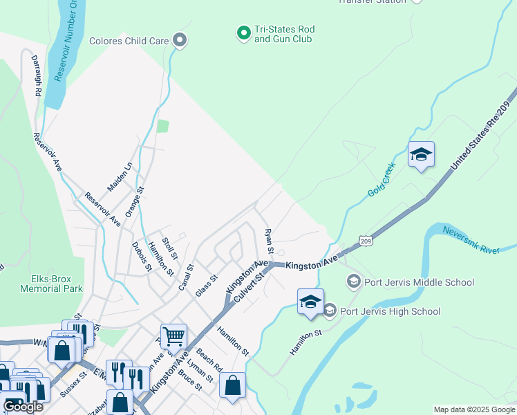 map of restaurants, bars, coffee shops, grocery stores, and more near 7 Ridge Street in Port Jervis