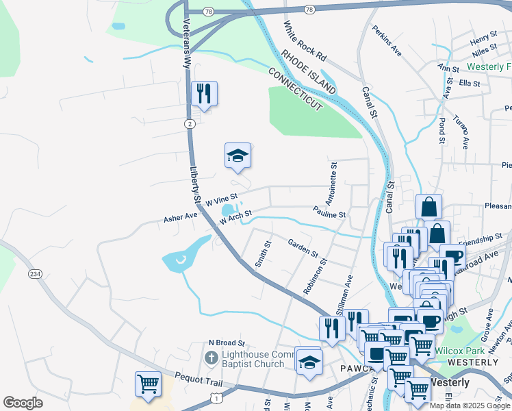 map of restaurants, bars, coffee shops, grocery stores, and more near 17 West Arch Street in Stonington