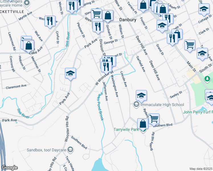 map of restaurants, bars, coffee shops, grocery stores, and more near 63 Jefferson Avenue in Danbury