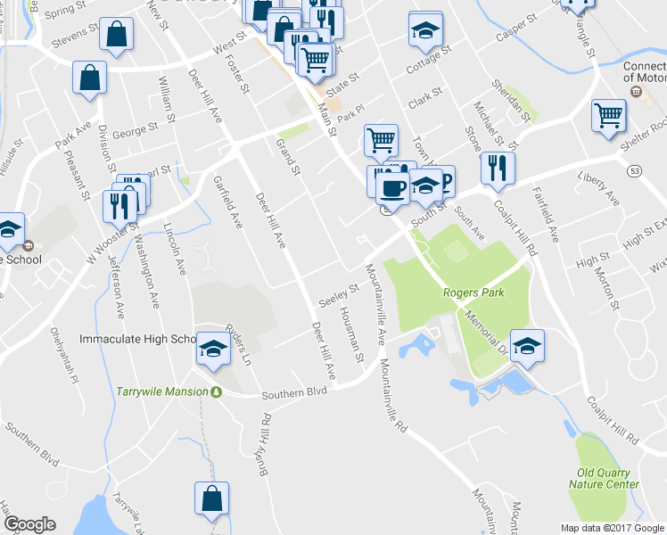 map of restaurants, bars, coffee shops, grocery stores, and more near 4 Wilson Street in Danbury
