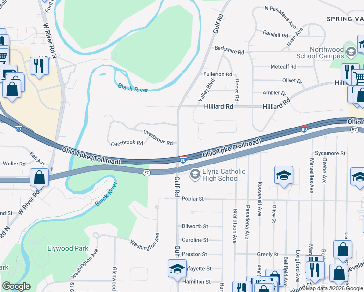 map of restaurants, bars, coffee shops, grocery stores, and more near 909 Gulf Road in Elyria