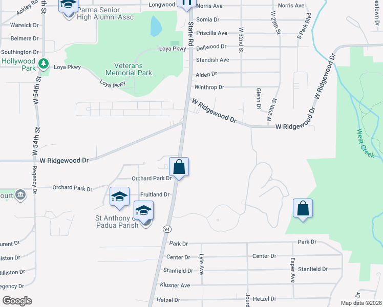 map of restaurants, bars, coffee shops, grocery stores, and more near 6591 State Road in Parma