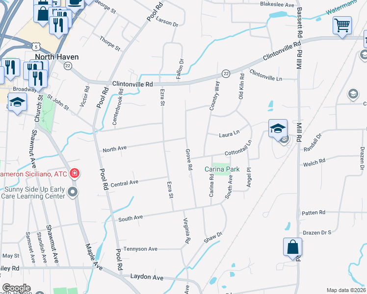 map of restaurants, bars, coffee shops, grocery stores, and more near 52 Grove Road in North Haven