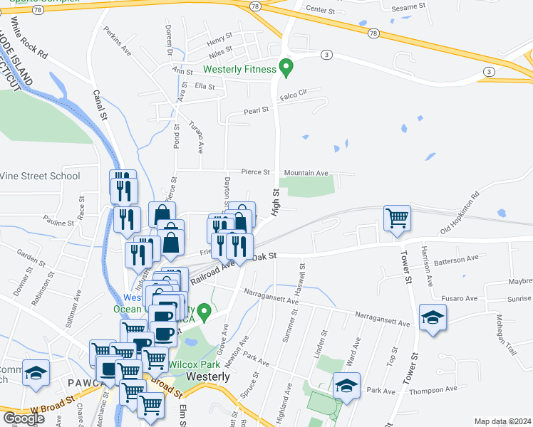 map of restaurants, bars, coffee shops, grocery stores, and more near 5 Pleasant Street in Westerly